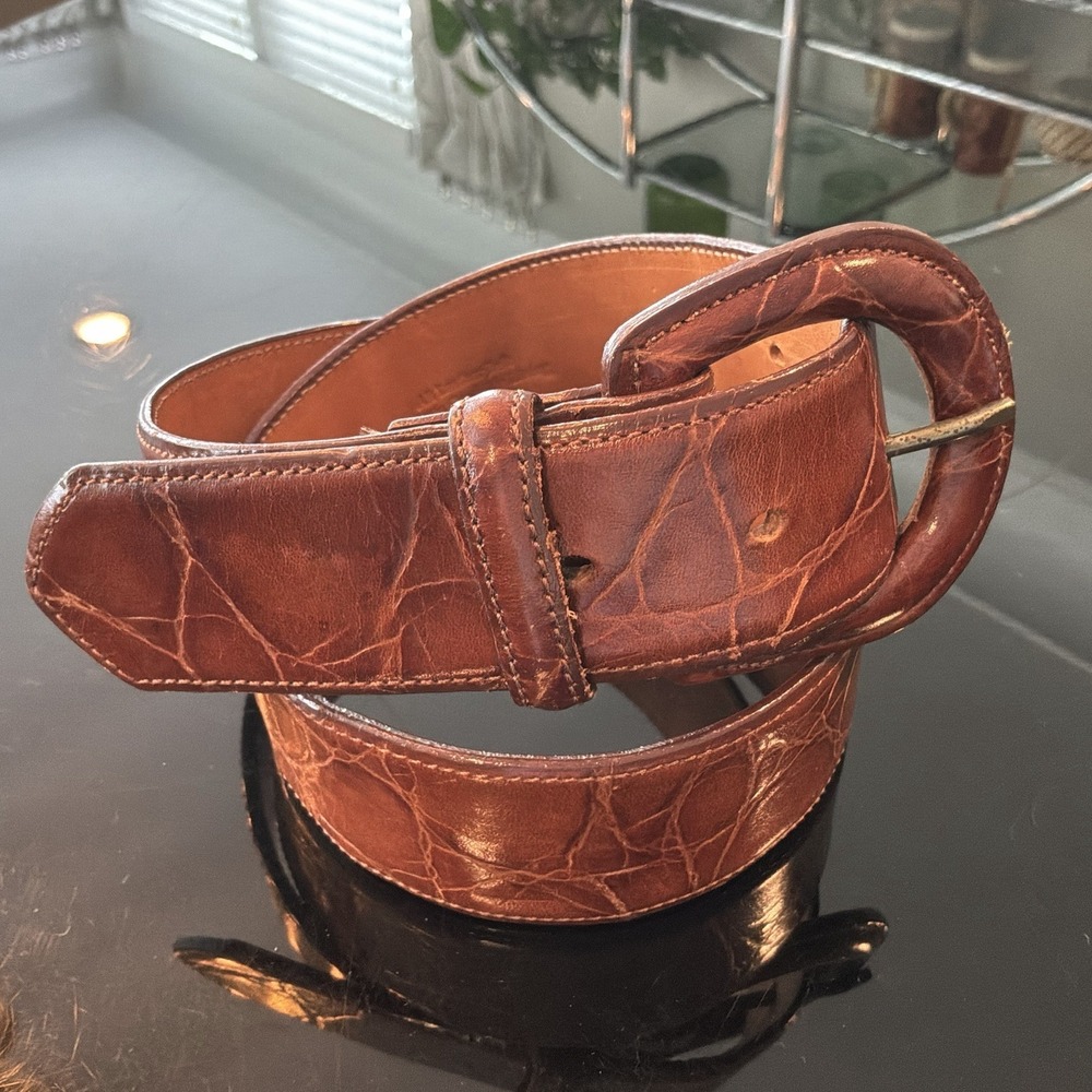 VTG 90s Y2K Zele Leather Belt Alligator Embossed Brown Cowhide Lining 28" S/M